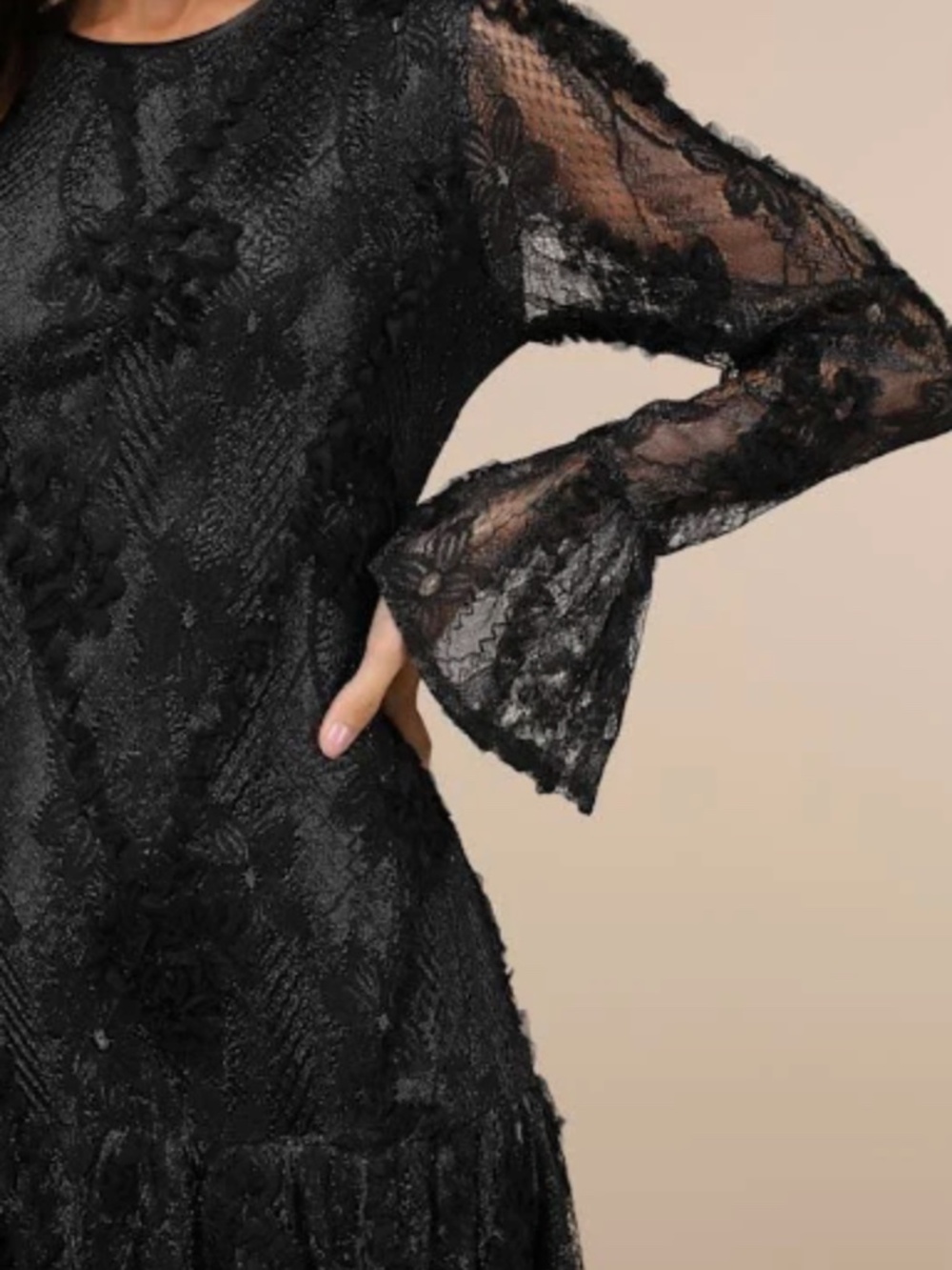 Lulu's Darling Era Black Lace Appliqué Long Sleeve Ruffled Mini Dress - Picture 4 of 5